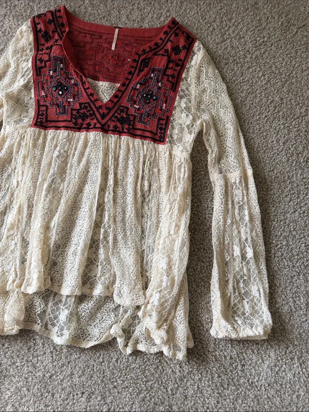 Free People Women’s Cream Lace Tunic with Red Embroidered Yoke + Mirrors SMALL